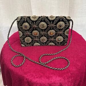 80’s Embroidered Blk Velvet Crossbody Bag Gold/Multicolor Stones For Repair